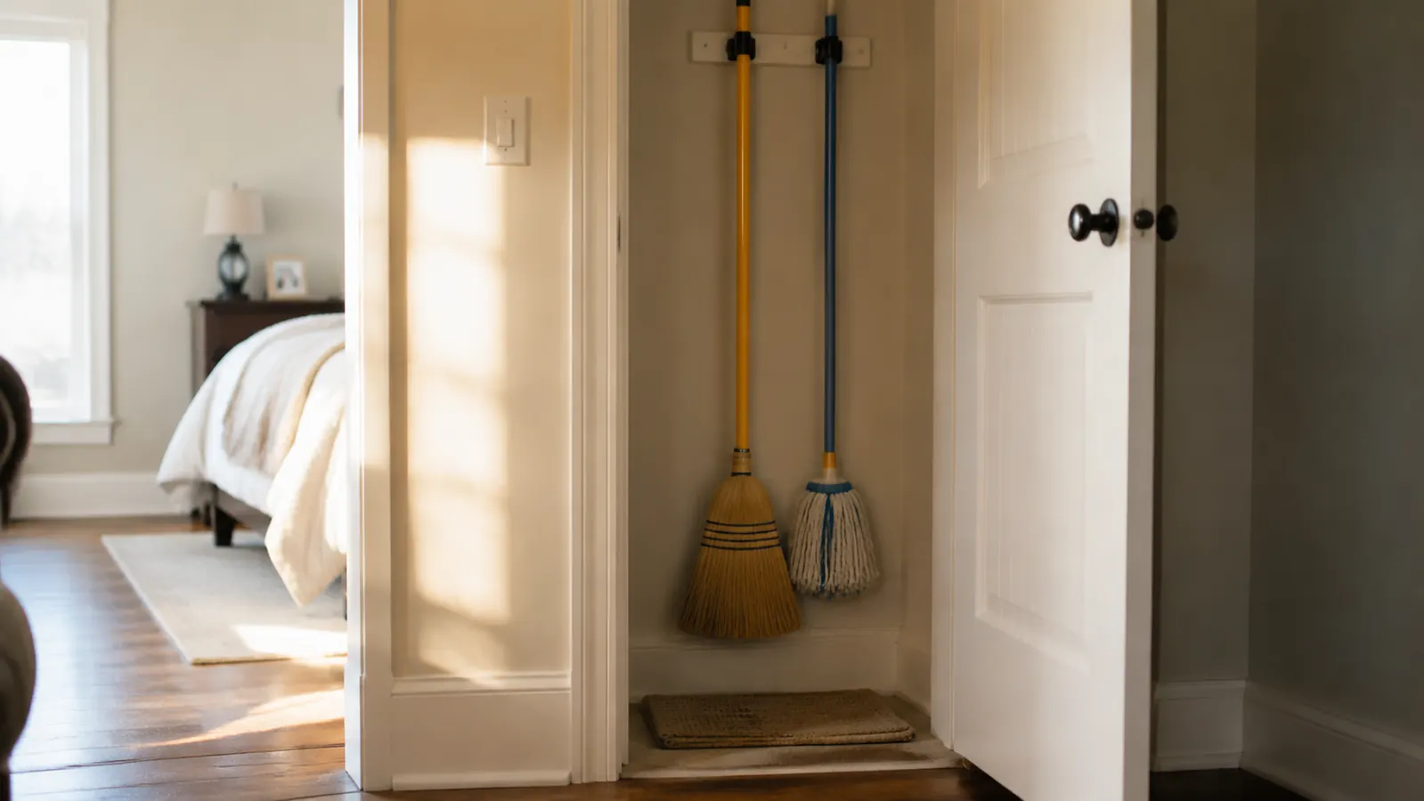 Tidy hallway closet with a broom and mop hanging neatly side by side on wall-mounted holders