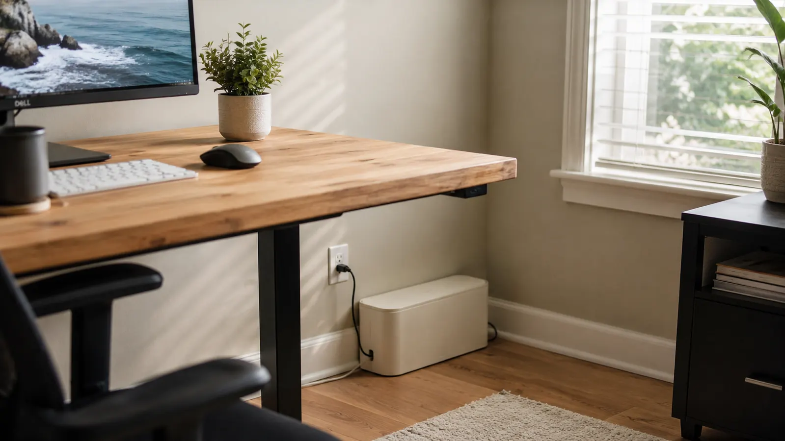 Tidy home office desk with a cream cable management box hiding the power strip against the wall behind the monitor