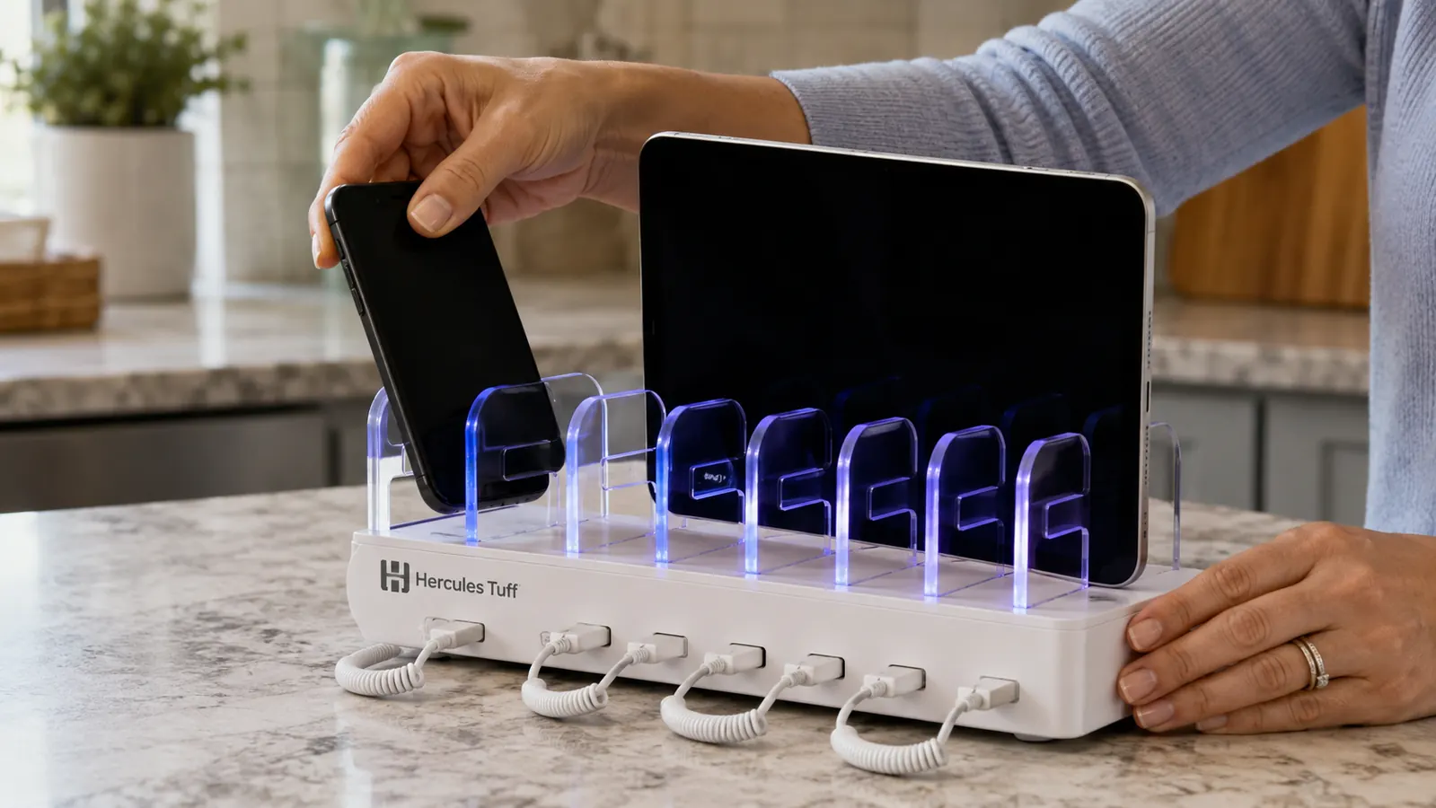 Hand placing a phone into one of six slots on a charging station dock next to a tablet already charging