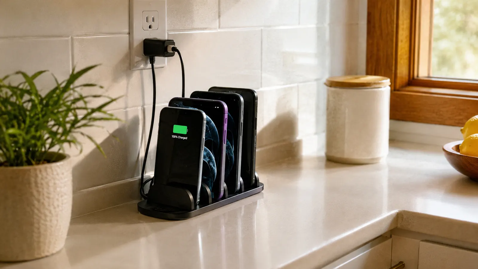 Kitchen counter with a black Hercules Tuff six port charging station holding four phones upright with no loose cords in sight