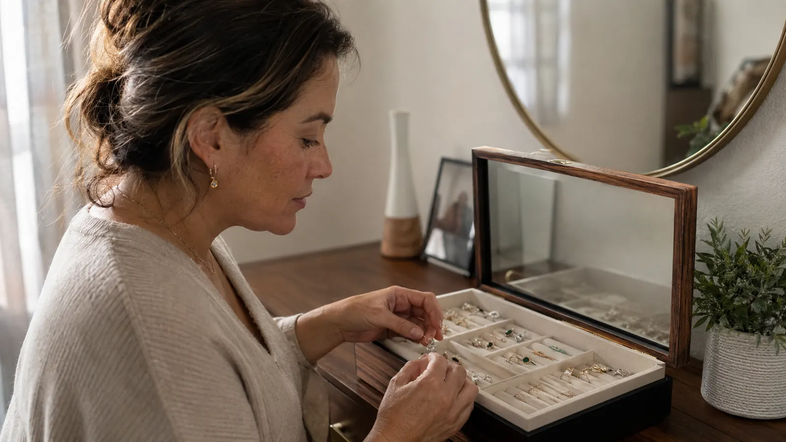Cream jewelry box with glass lid open on a bedroom dresser, rings and earrings visible in neat rows under soft morning light