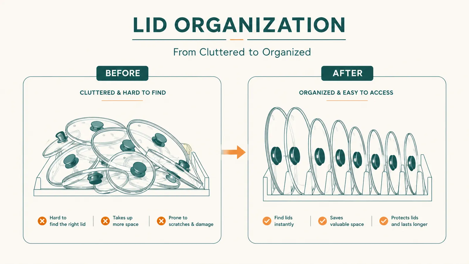 Before and after split image of a cluttered pot lid pile versus lids organized upright in slots