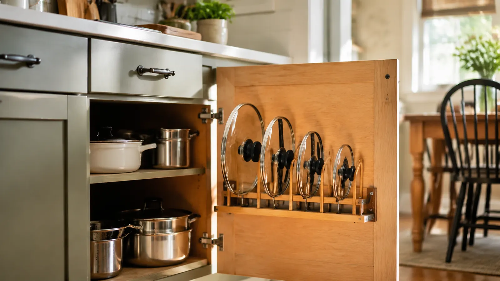 Open lower kitchen cabinet with pot lids standing neatly upright in a rack instead of stacked in a pile