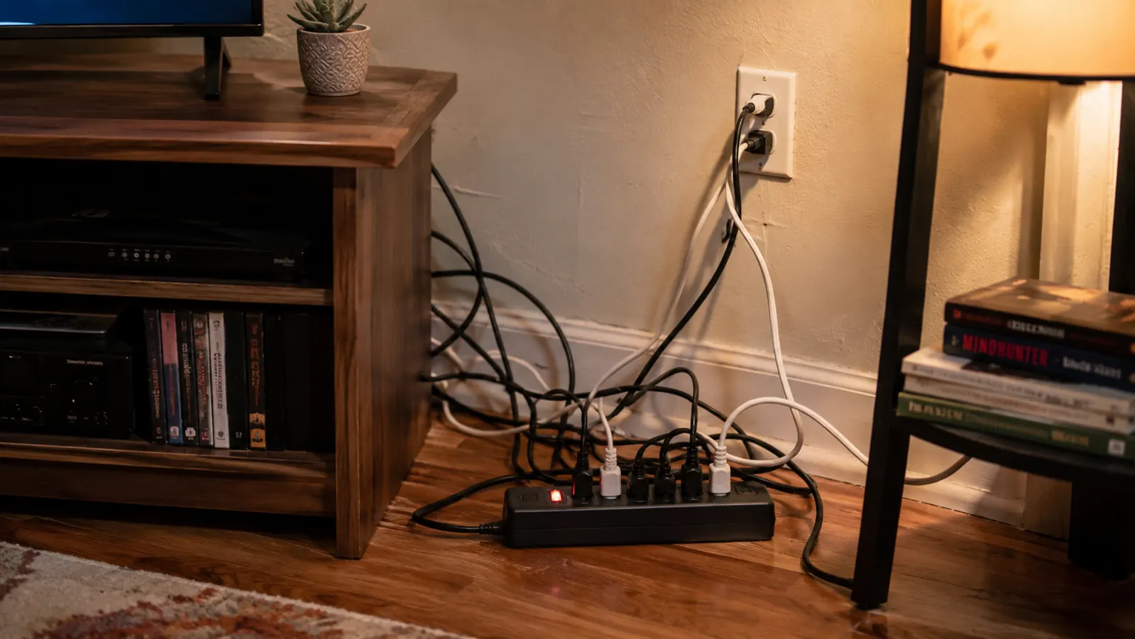 A tangled mess of TV and streaming device cords behind a media console, half hidden by a gray rug