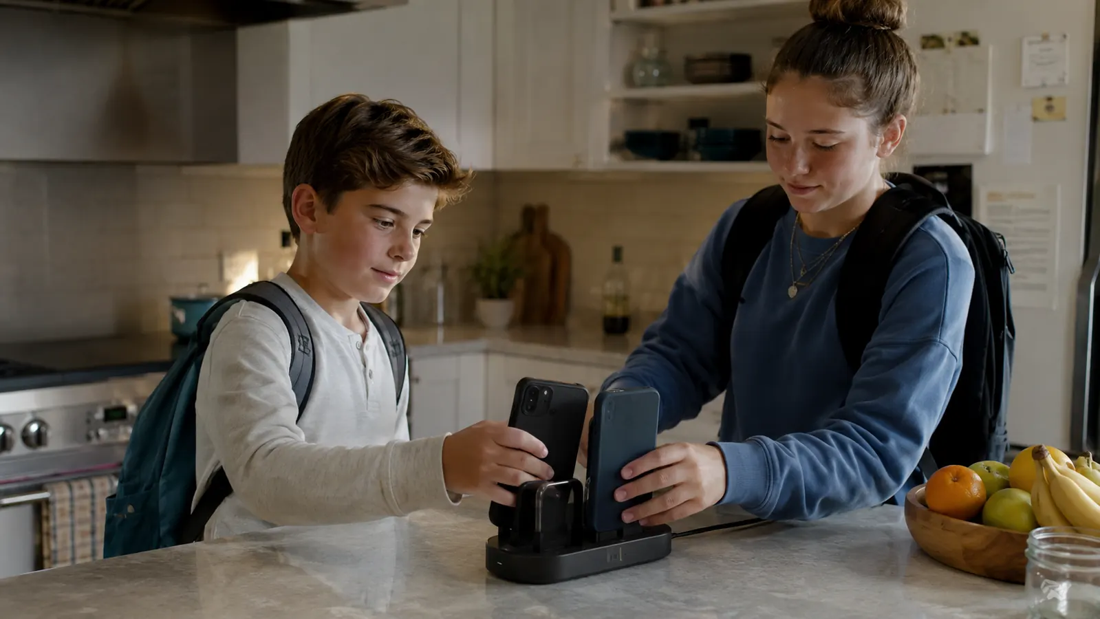 Two kids grabbing their phones off the charging station on their way out the door for school