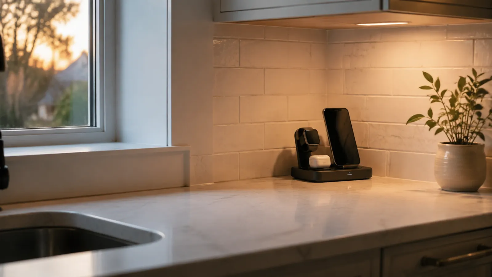 Wide shot of a clean kitchen counter with the charging station tucked in the corner and the rest of the space clear