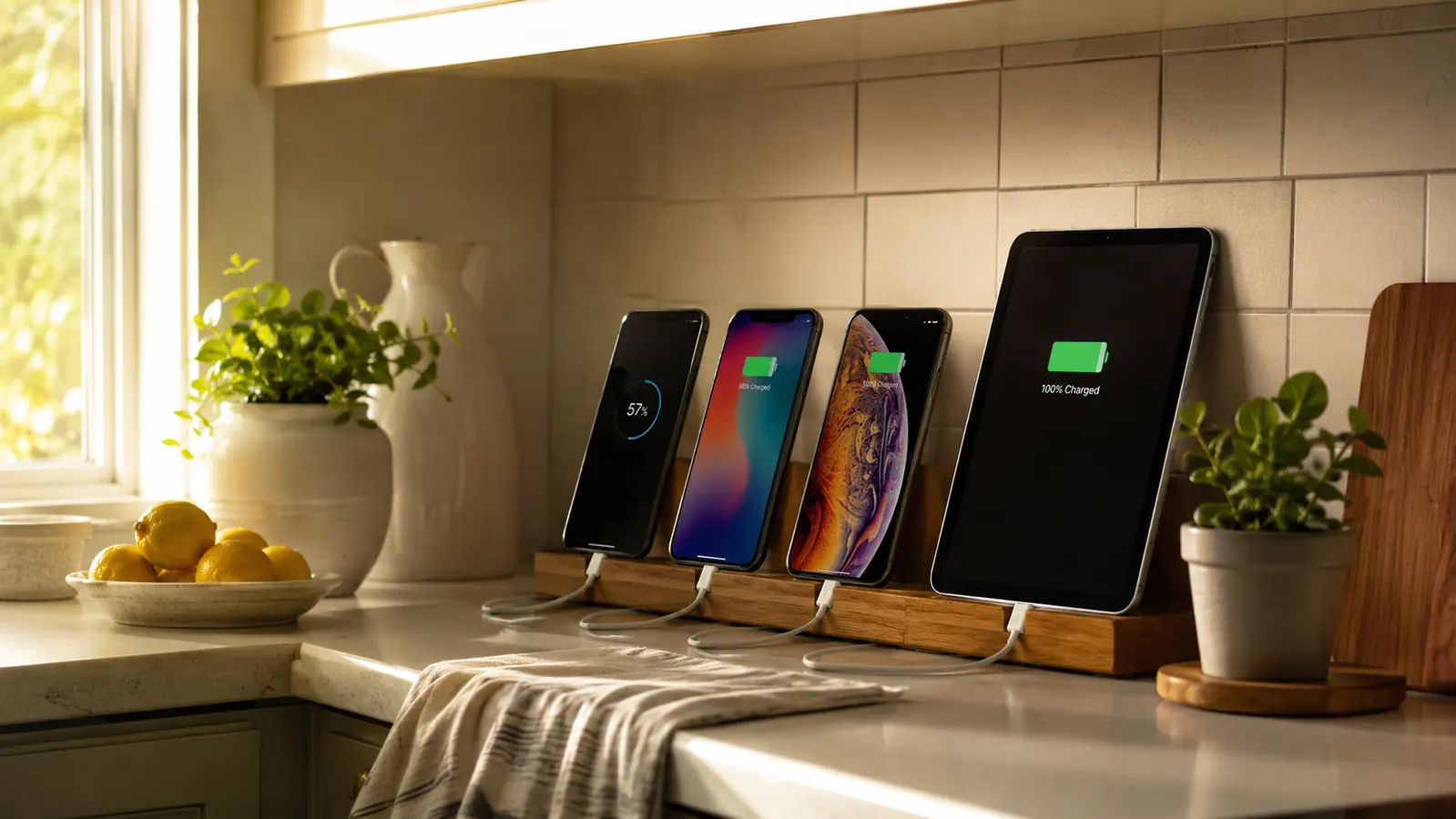 A tidy kitchen counter corner in soft morning light with phones lined up and charging, no loose cords in sight
