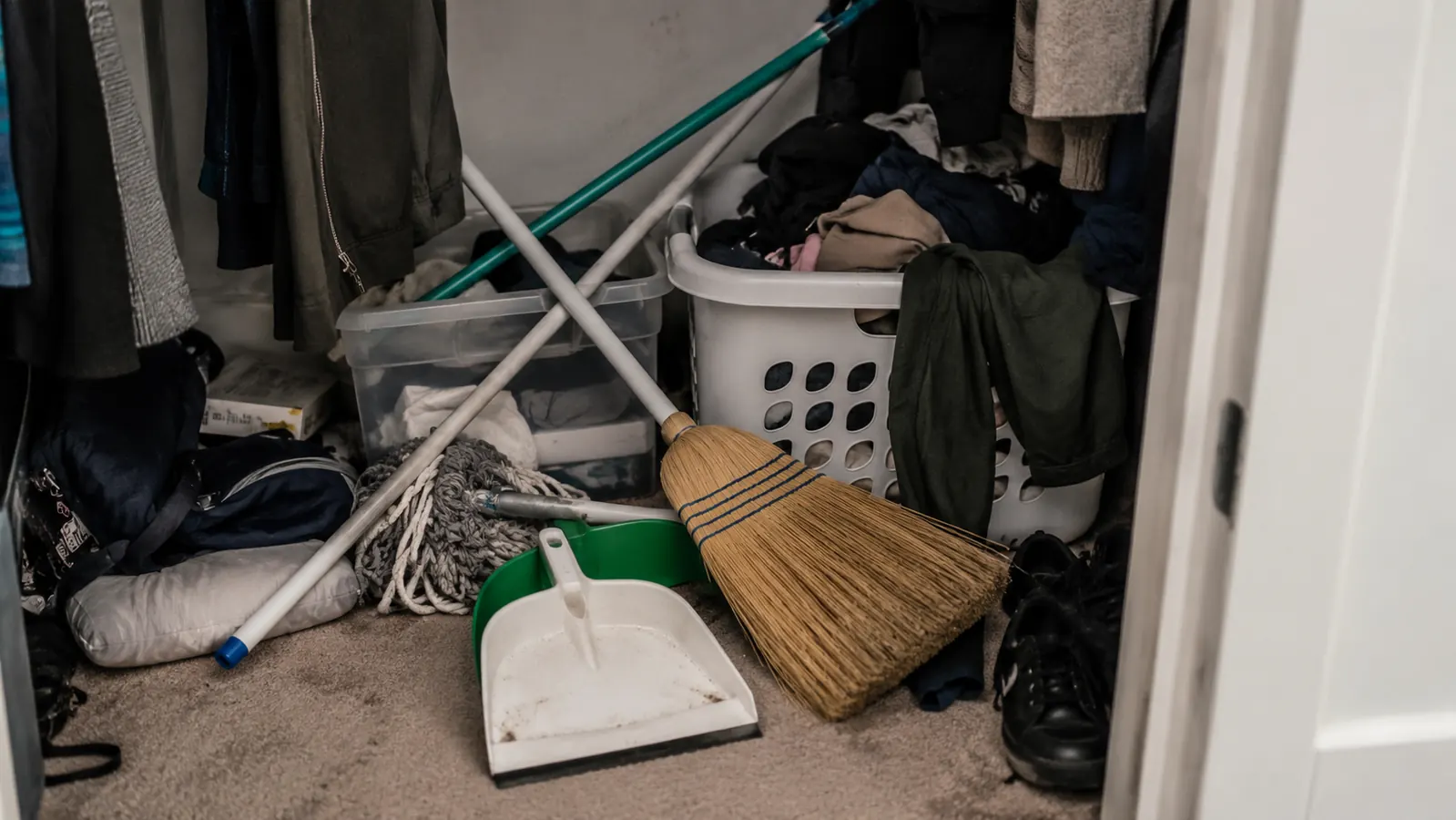 A pile of a broom, mop, and dustpan collapsed on a closet floor, the mess this product replaced