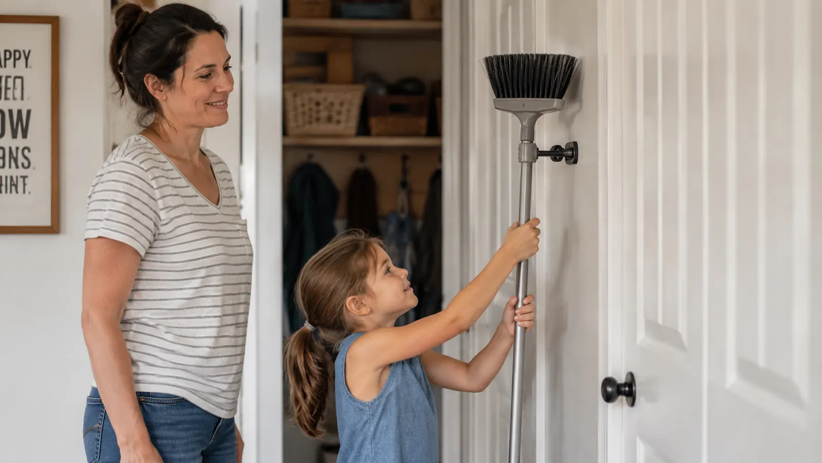 A young child reaching up to grab a broom hanging from a Command gripper on a closet door