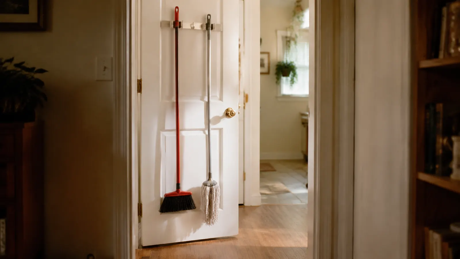 A tidy hall closet with a broom and mop hanging flat against the door and a clear floor beneath