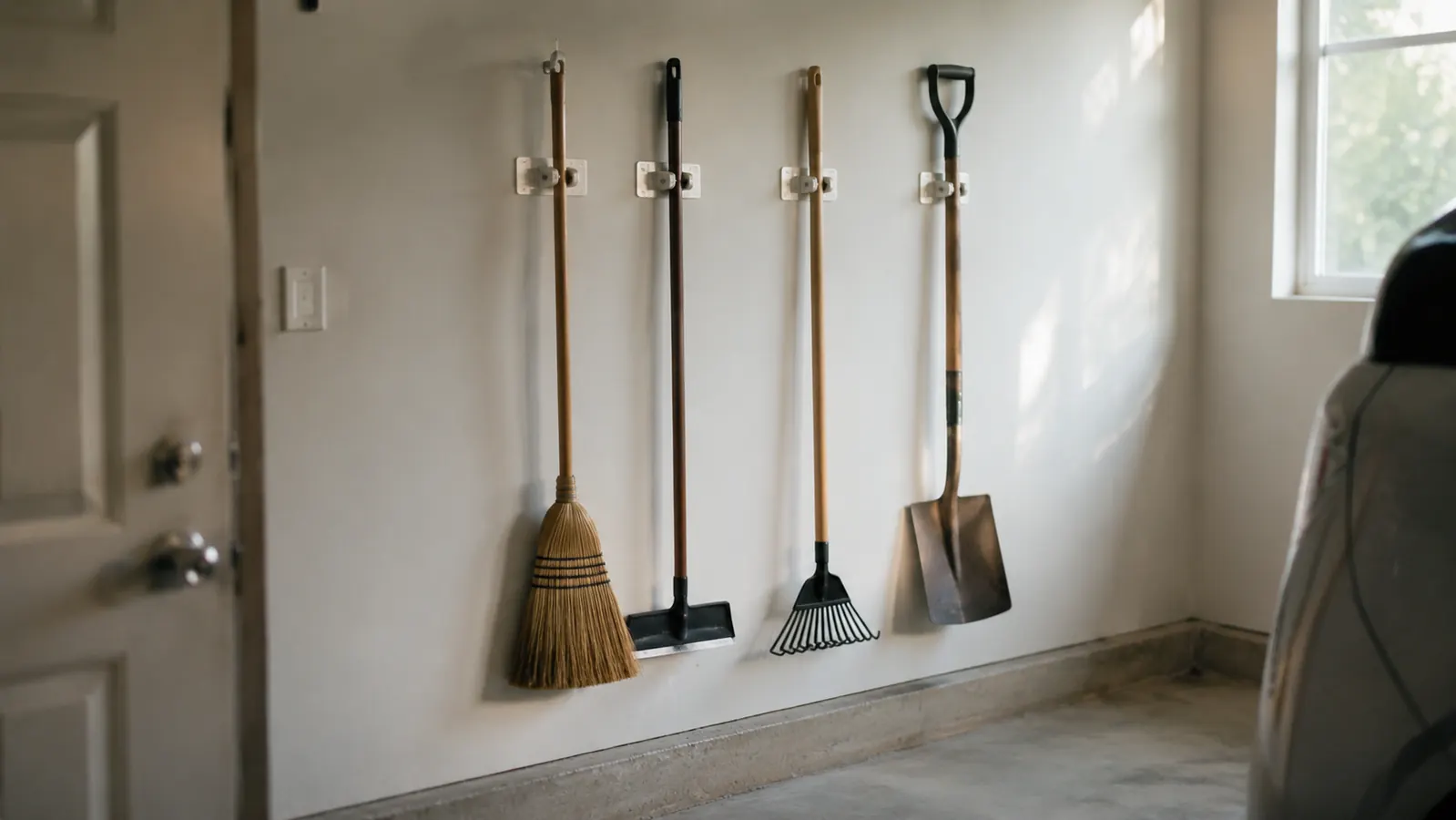 Garage mudroom wall with a broom, mop, dustpan, and Swiffer hanging neatly in a row on white plastic grippers