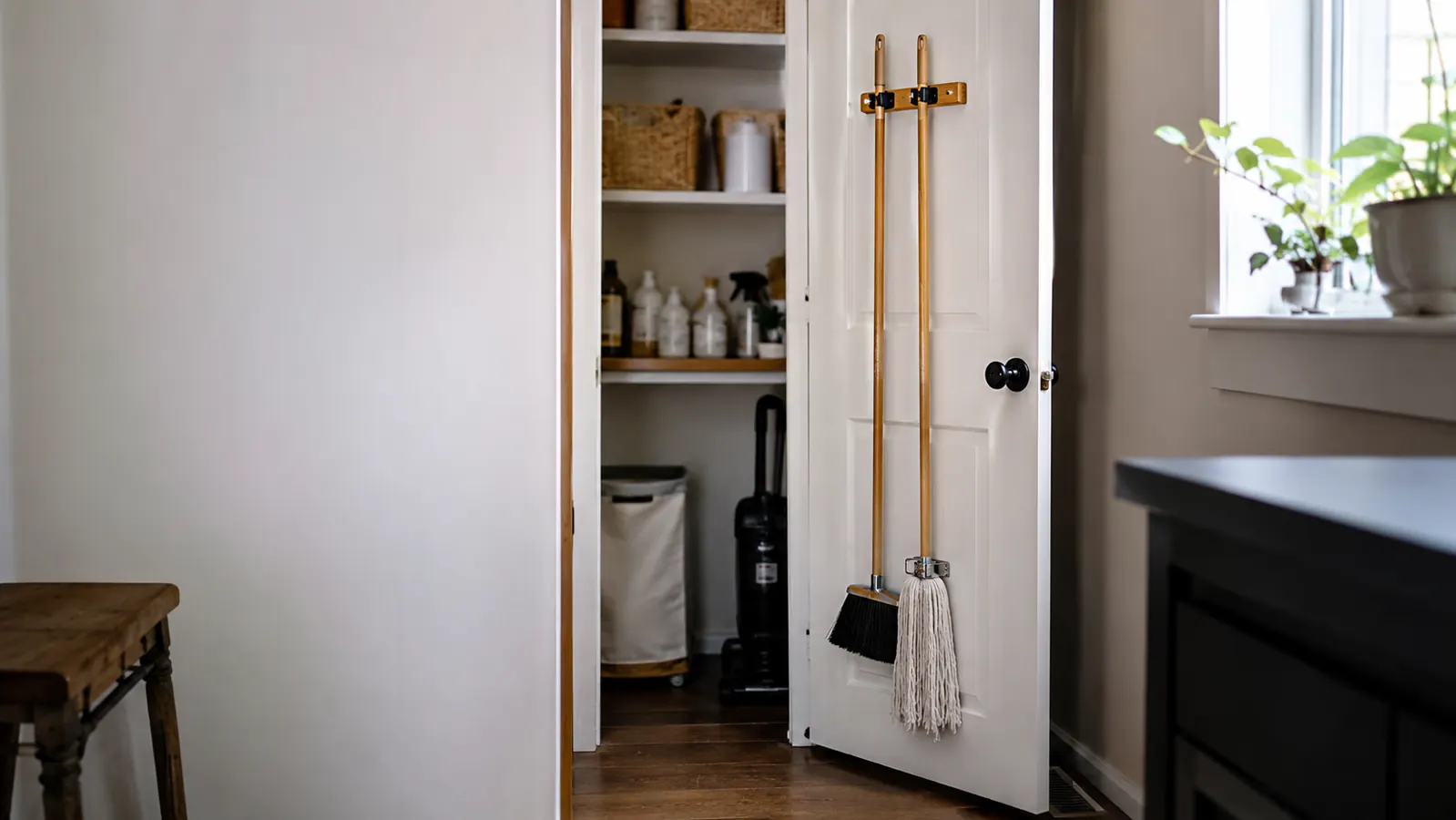Open utility closet with a broom and mop hanging neatly on the inside of the door, tidy floor below