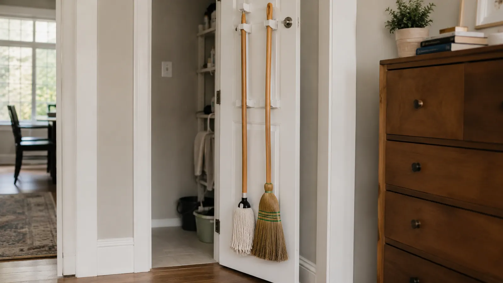 Broom and mop hanging neatly side by side on a closet door using small white plastic wall grippers