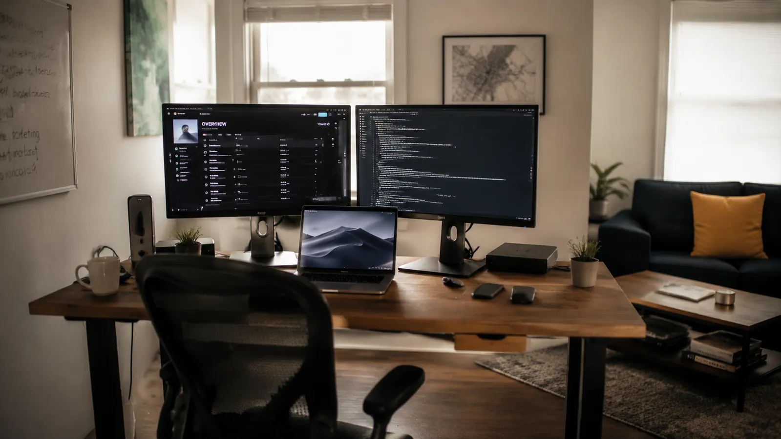 Home office desk with laptop dock and dual monitors, cords tucked away and floor visible underneath