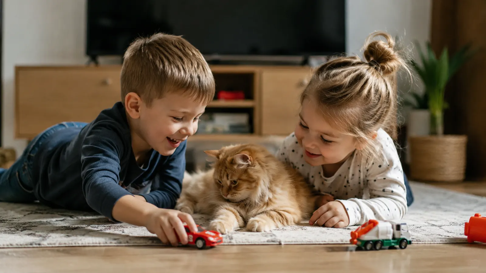 Kids and a cat playing on a living room rug near a tidy TV console with hidden cords