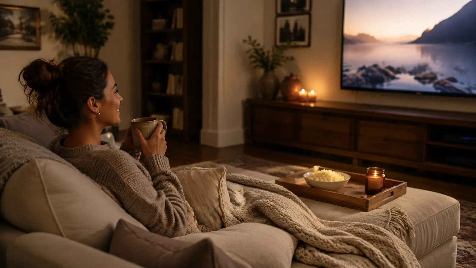 Tidy living room TV console with no visible cords, soft evening light