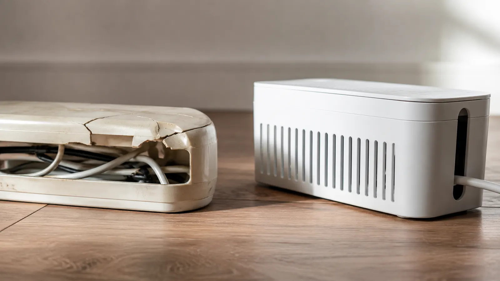 Close-up of a cracked cheap plastic power strip cover next to a sturdy white cable management box