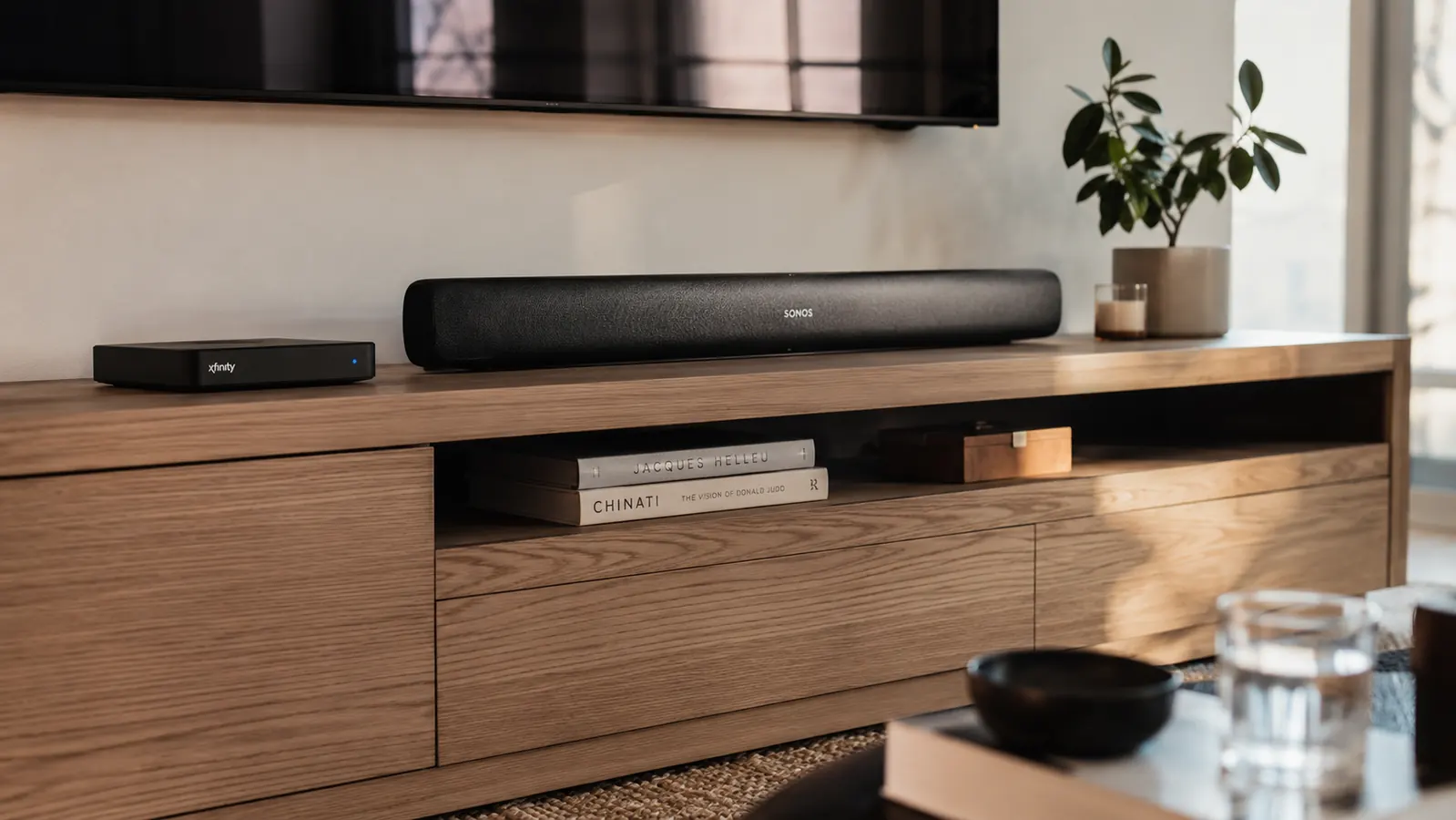 Tidy living room media console with cords fully hidden behind a white cable management box