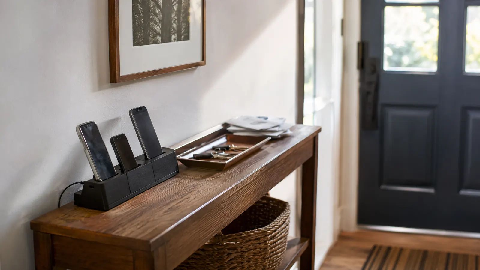 Entryway console table with a six-slot charging station holding phones, keys and mail nearby