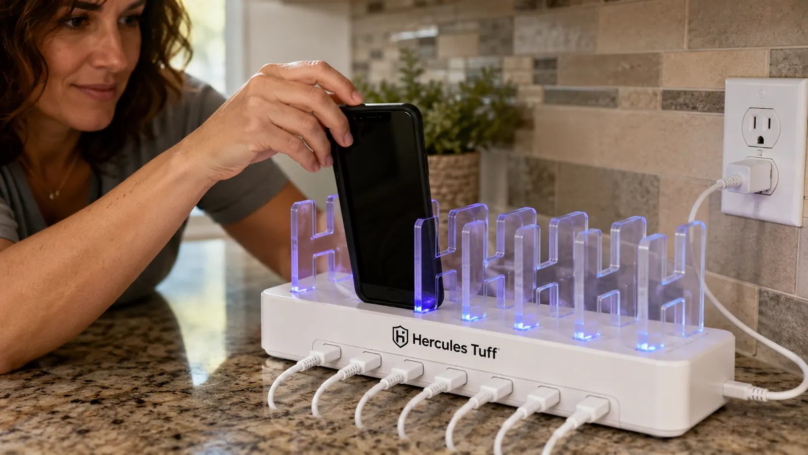 Hand placing a phone into one of the slots on the Hercules Tuff charging station on a kitchen counter