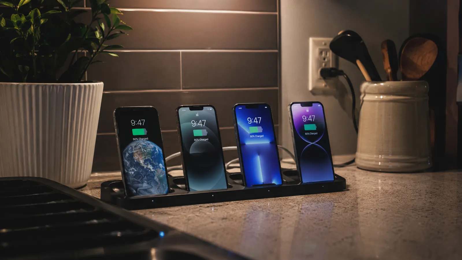 Family kitchen counter at night with four phones charging in a row, dim overhead light