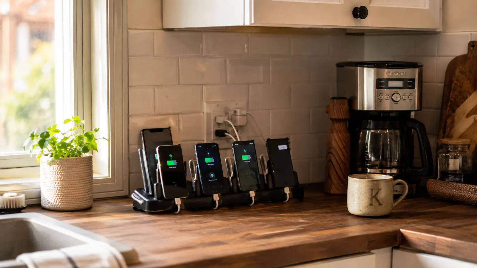 Tidy kitchen counter with a compact black charging station holding several phones plugged in, soft morning light
