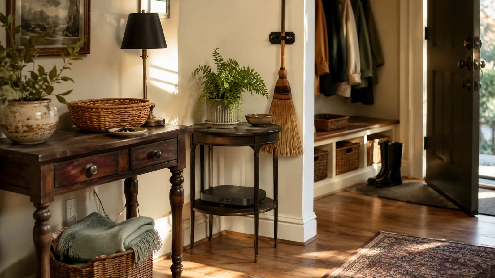 A tidy living-room console with a charging station, neatly routed cables, and a small jewelry tray in warm natural light