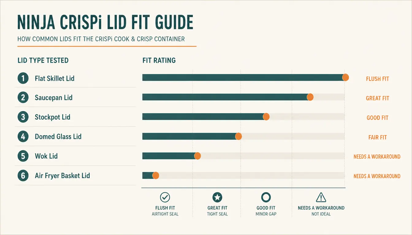 Chart showing which lid types fit flush in the organizer versus which ones needed a workaround