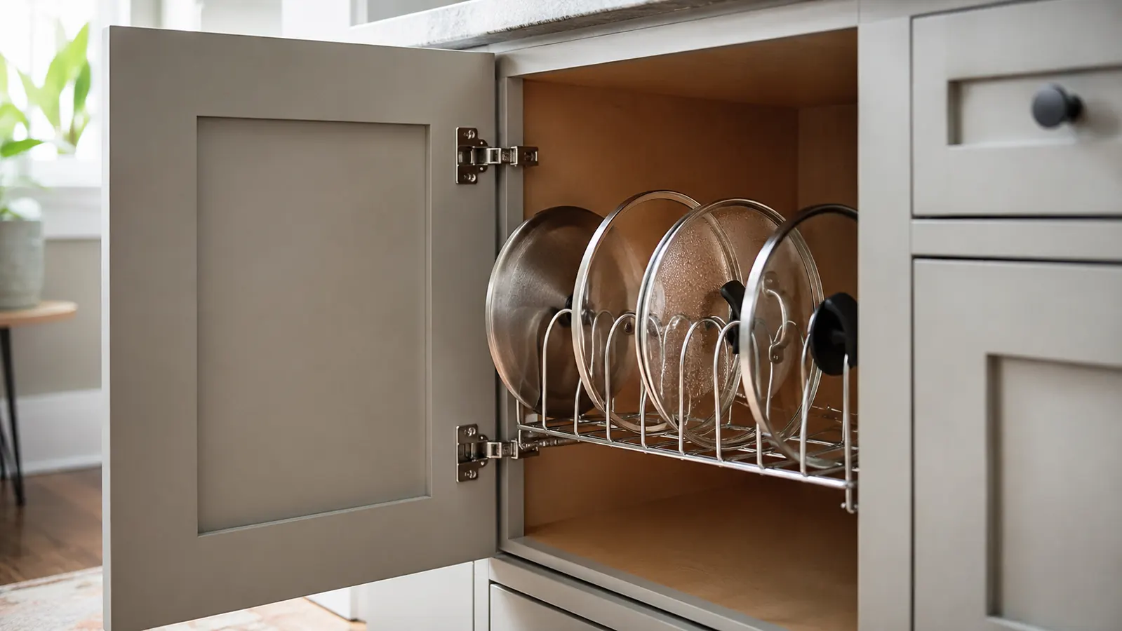 Kitchen cabinet floor with an expandable pot lid organizer holding a mix of flat and domed lids, one lid propped at an angle against the rest