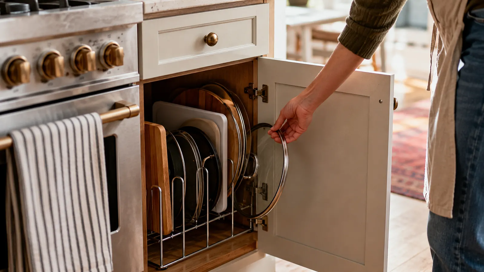 Housolution expandable pot lid organizer installed in a kitchen cabinet beside the stove, cutting board and pot lid dividers visible