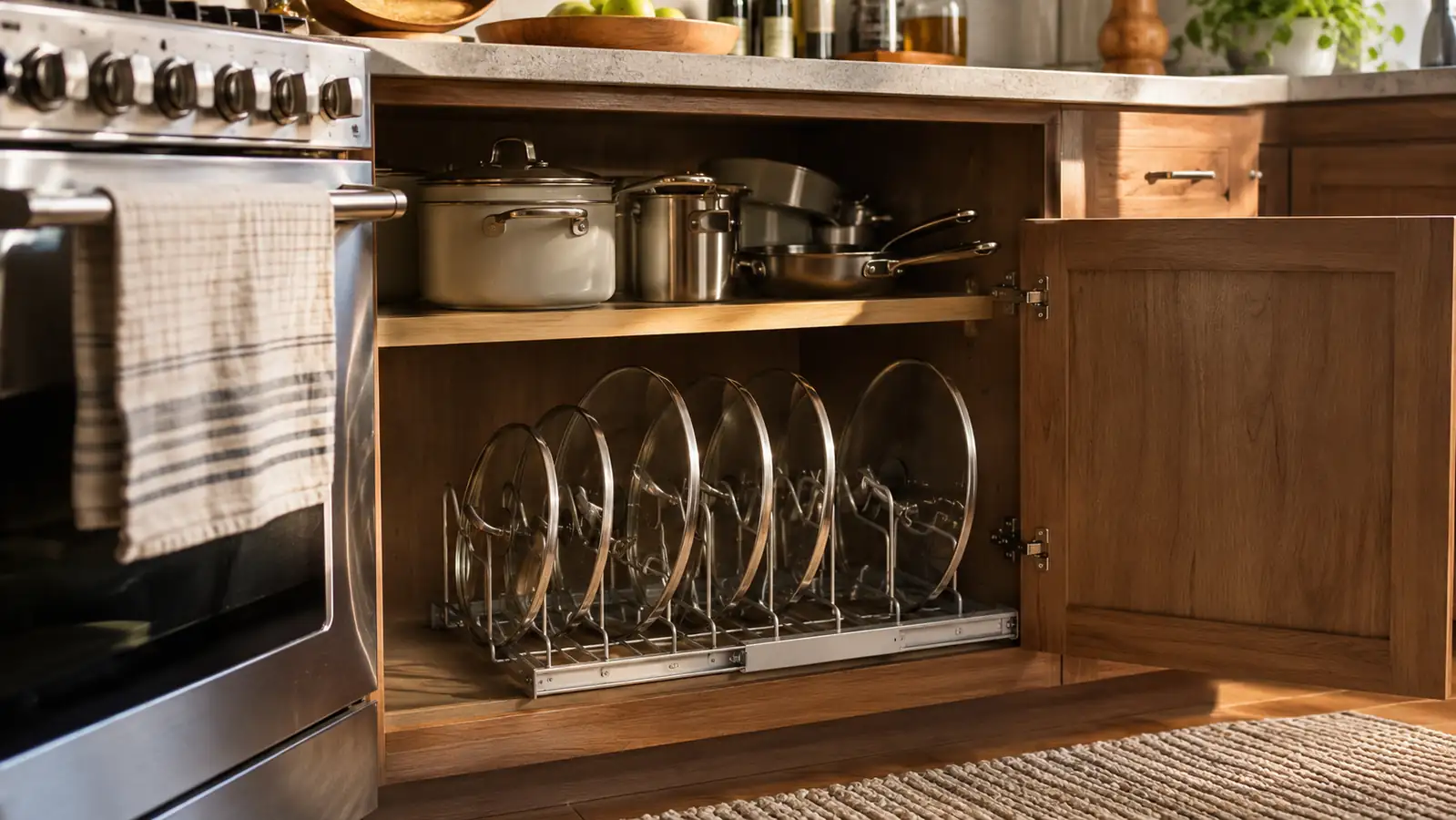 Open kitchen cabinet showing an expandable wire pot lid organizer holding several pot and pan lids upright and separated