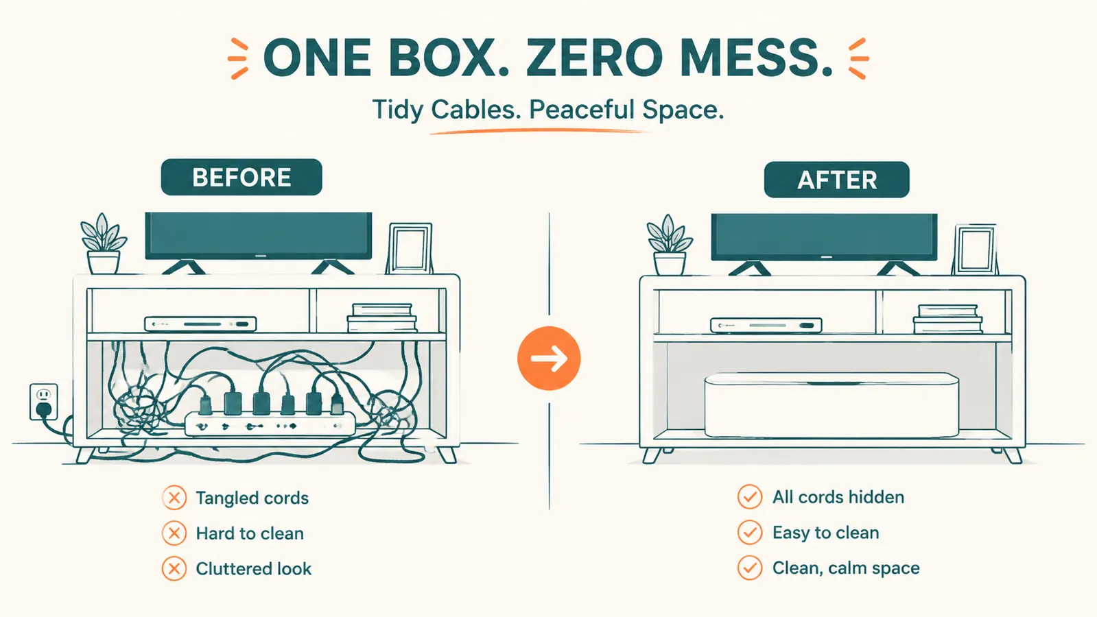 Before and after diagram showing tangled cords behind a TV stand versus a single closed cable box with no visible cords