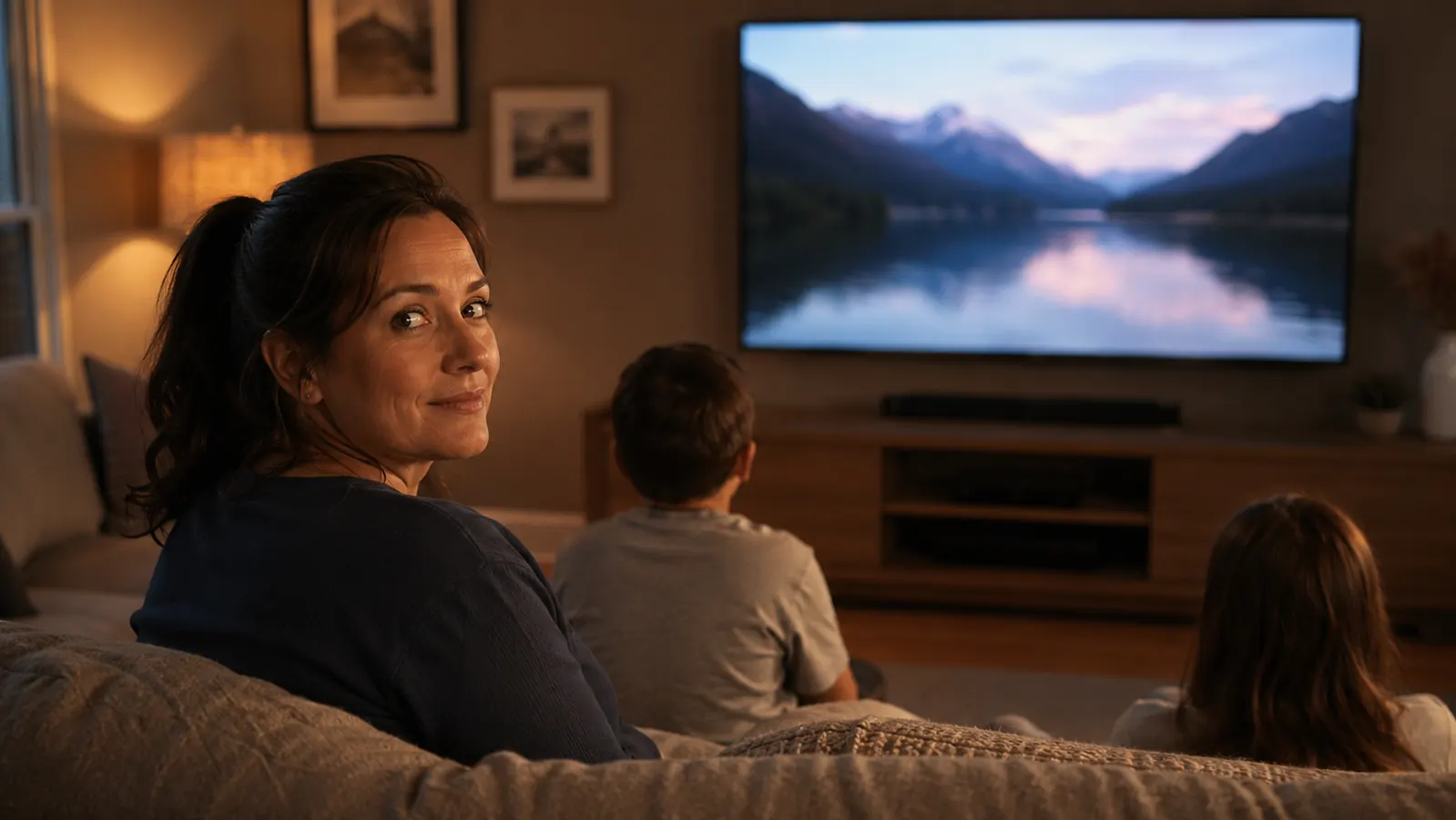Family relaxing on a living room couch watching TV with a completely clutter-free media console in the background