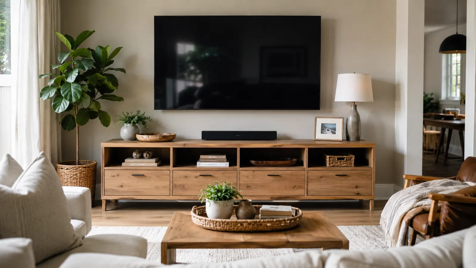 Clean living room media console with a TV mounted above it and no visible cords, warm afternoon light