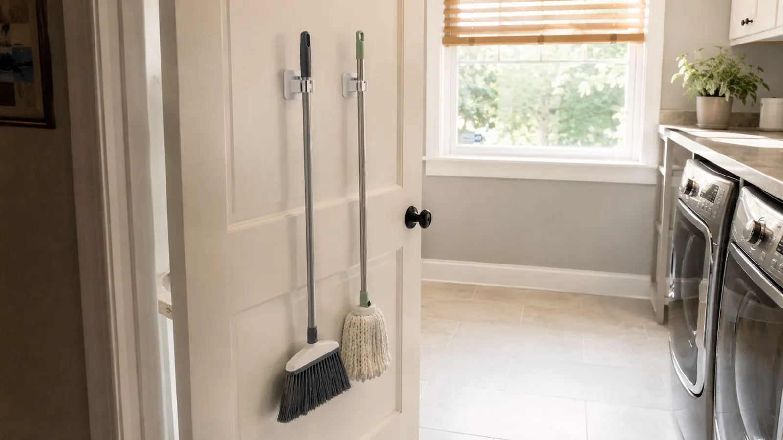 Broom and mop hanging neatly on the inside of a laundry room door on two white plastic grippers