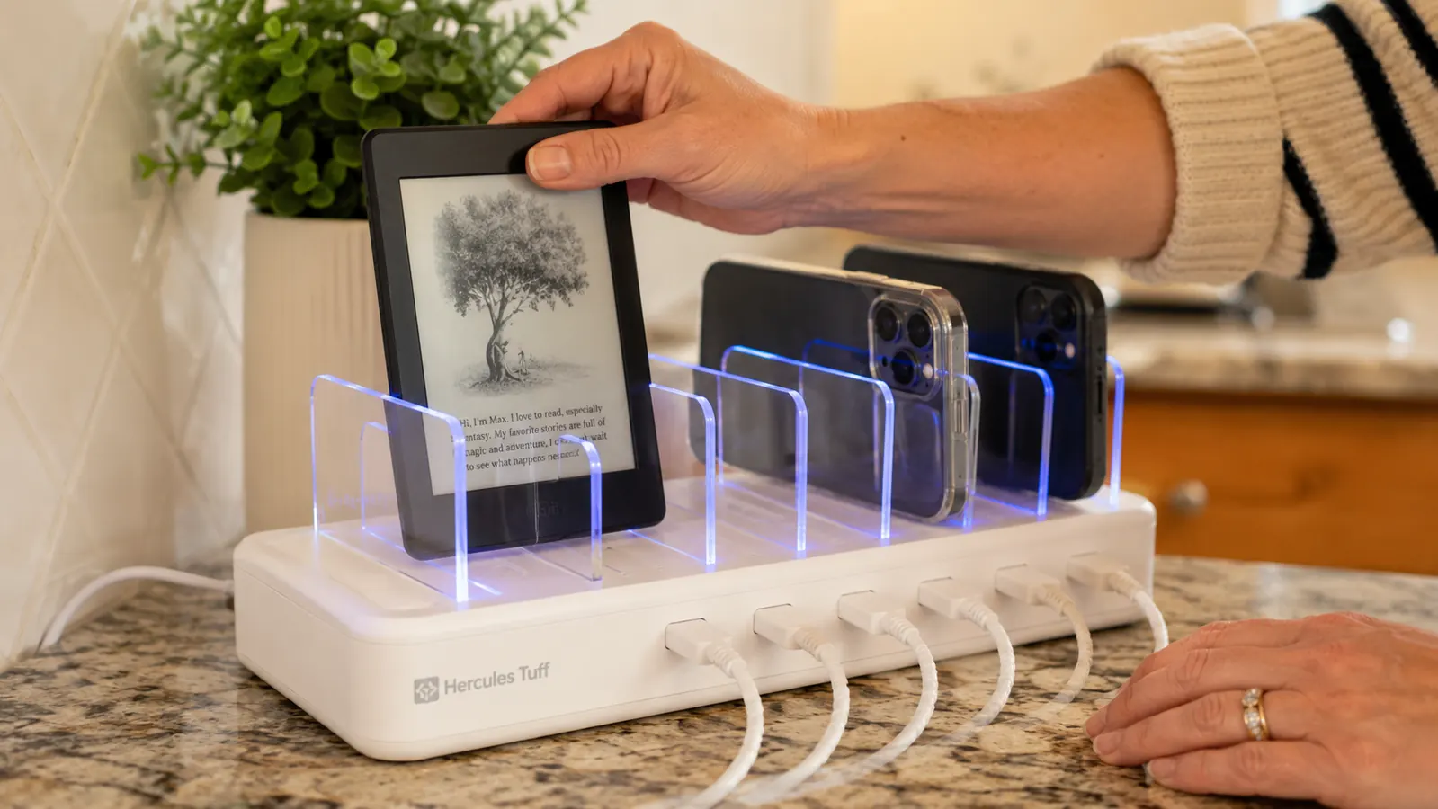 Hand setting a Kindle into an open slot on a charging station dock next to two phones already docked