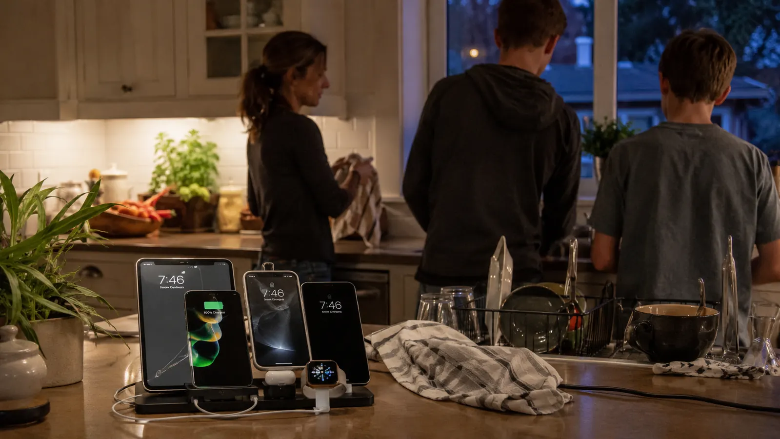 Family kitchen counter at dusk with several devices lined up and charging together while dinner dishes sit nearby