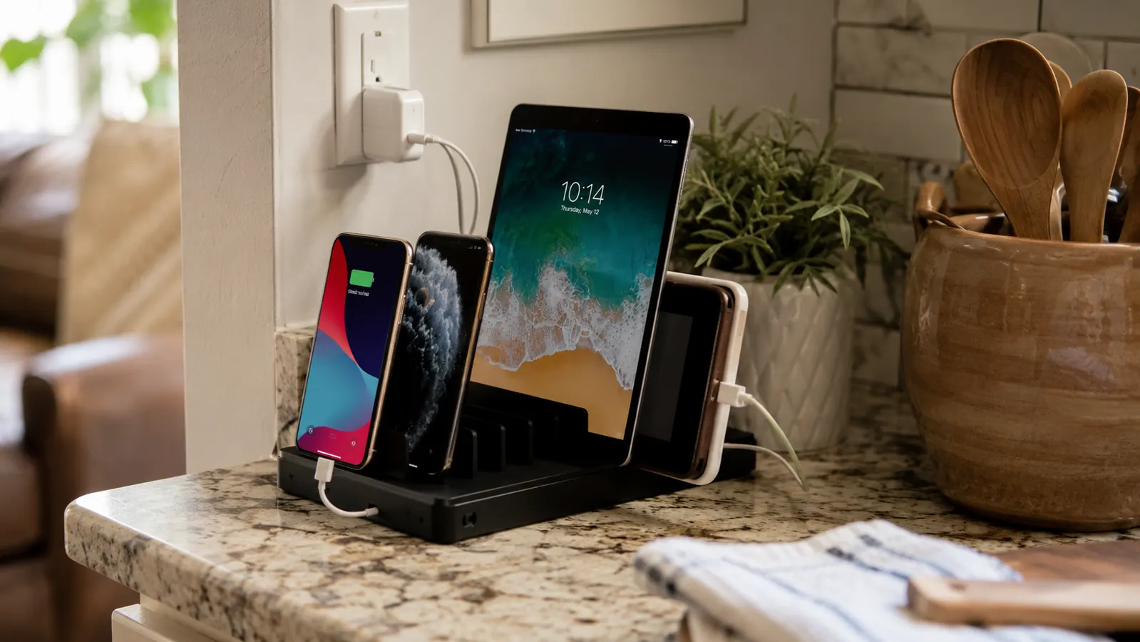 Tidy kitchen counter corner with a black six port charging station holding several phones and a tablet upright, morning light