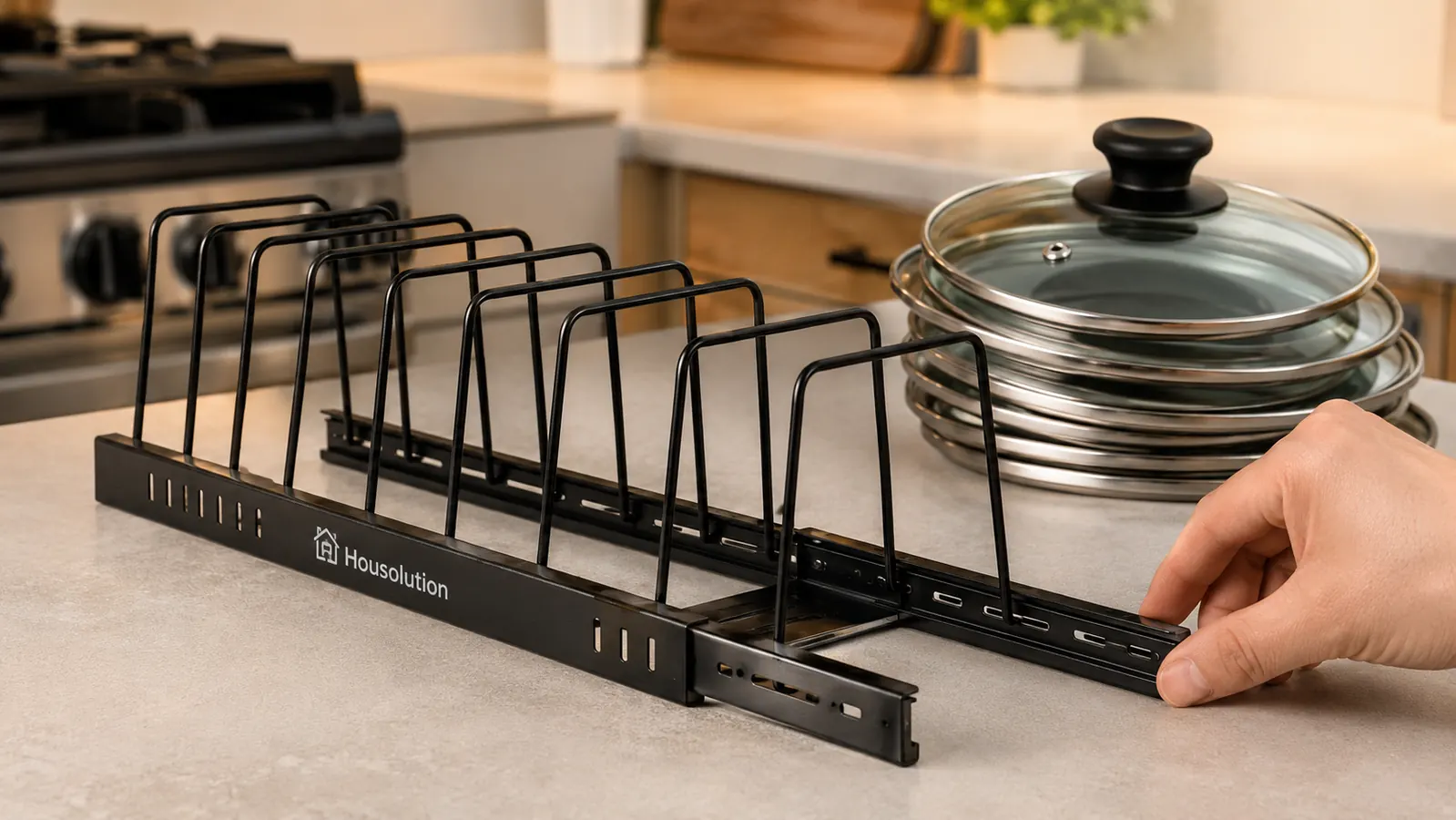 Housolution style expandable pot lid rack partially extended on a kitchen counter next to a stack of pot lids
