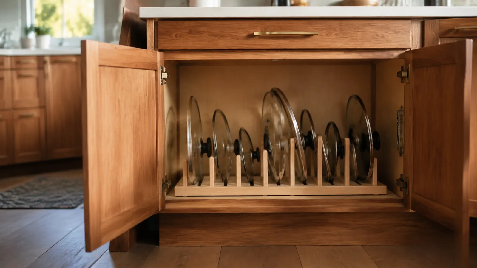 Open lower kitchen cabinet with pot lids standing upright and evenly spaced in slots, no lids leaning or stacked