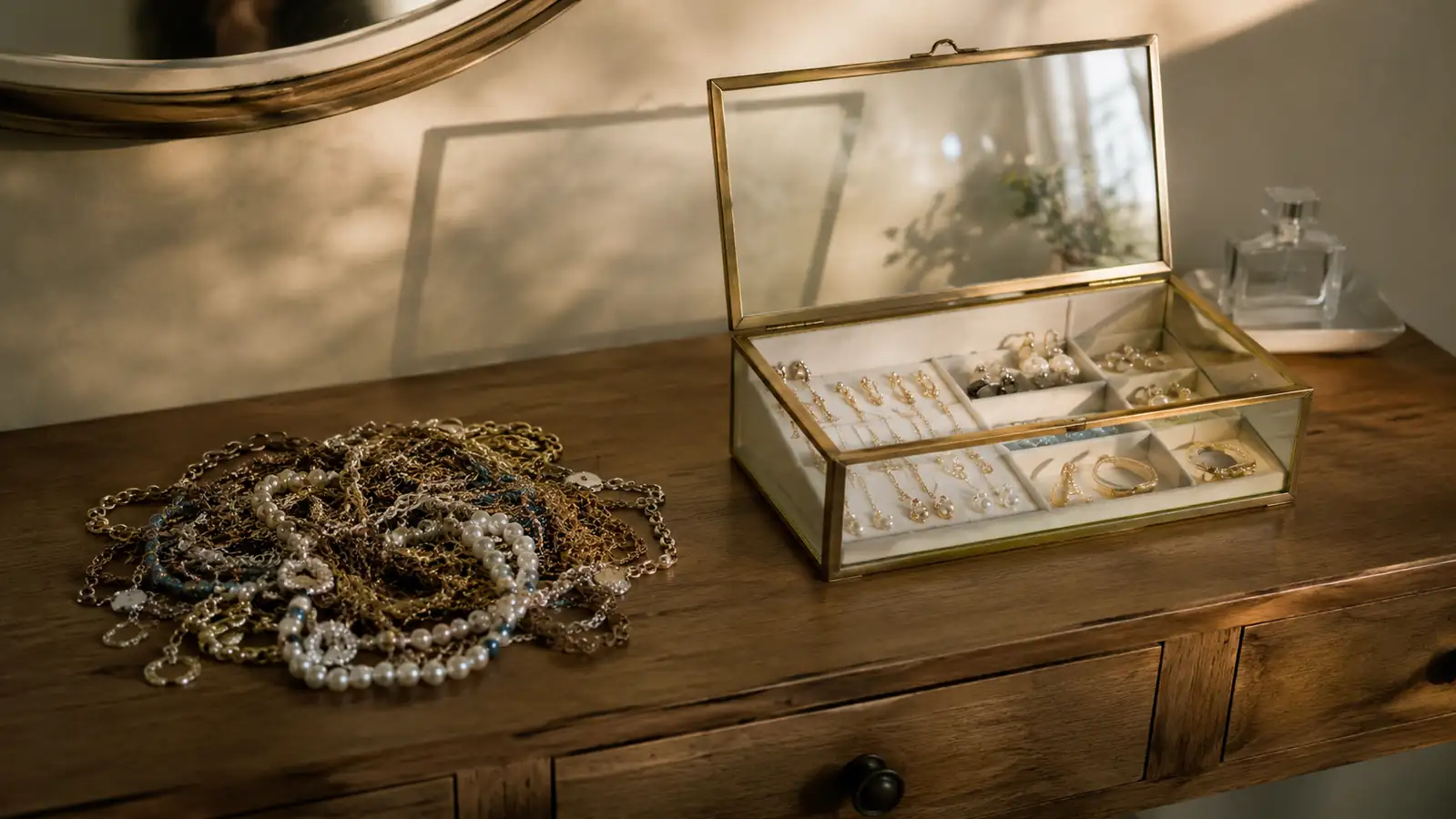 A cluttered dresser top with a tangled pile of necklaces next to an open glass-lid jewelry box mid-organization