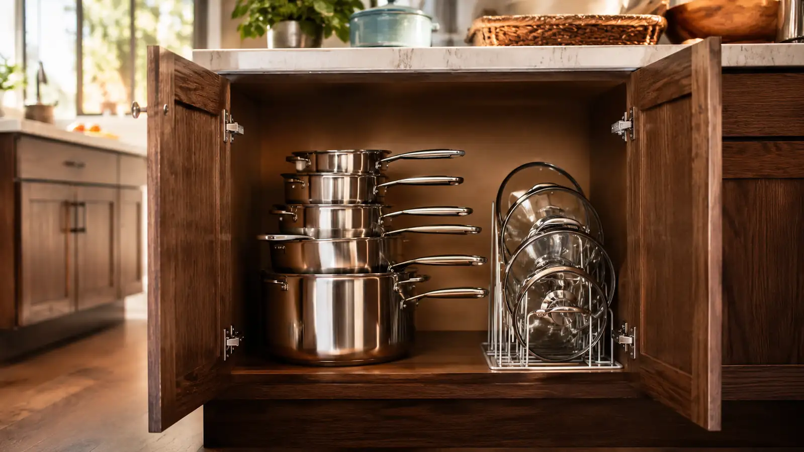 A tidy kitchen cabinet shelf with pots stacked cleanly and lids upright beside them, cabinet door open