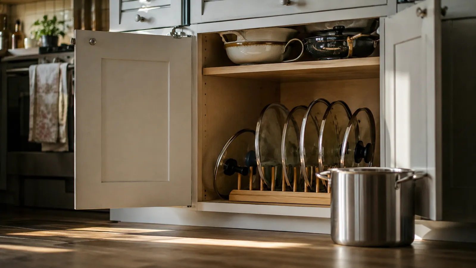 A calm, organized lower kitchen cabinet with pot lids standing upright in a rack instead of stacked loose