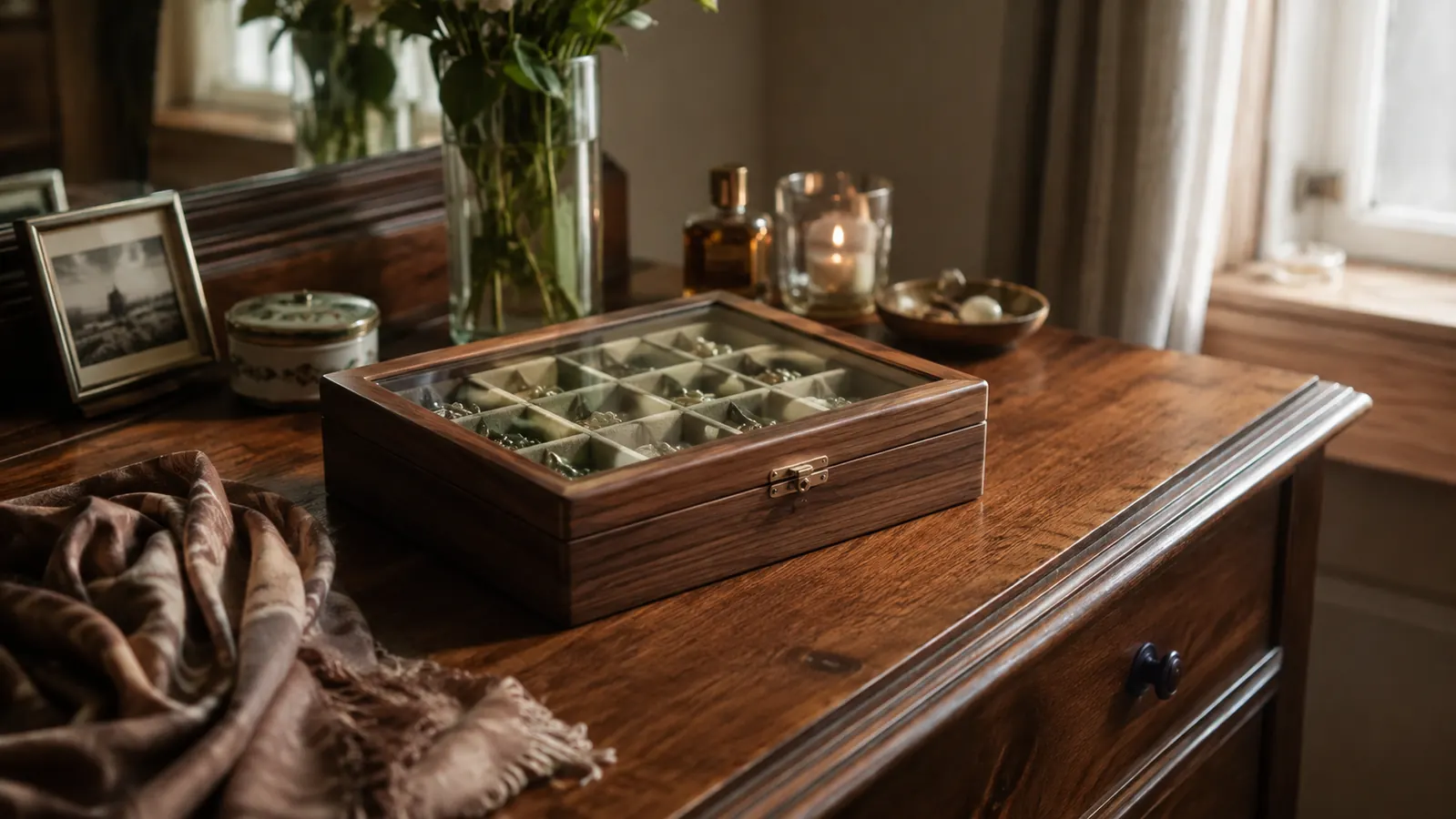 SONGMICS glass-lid jewelry box sitting closed on a bedroom dresser next to a small stack of folded scarves