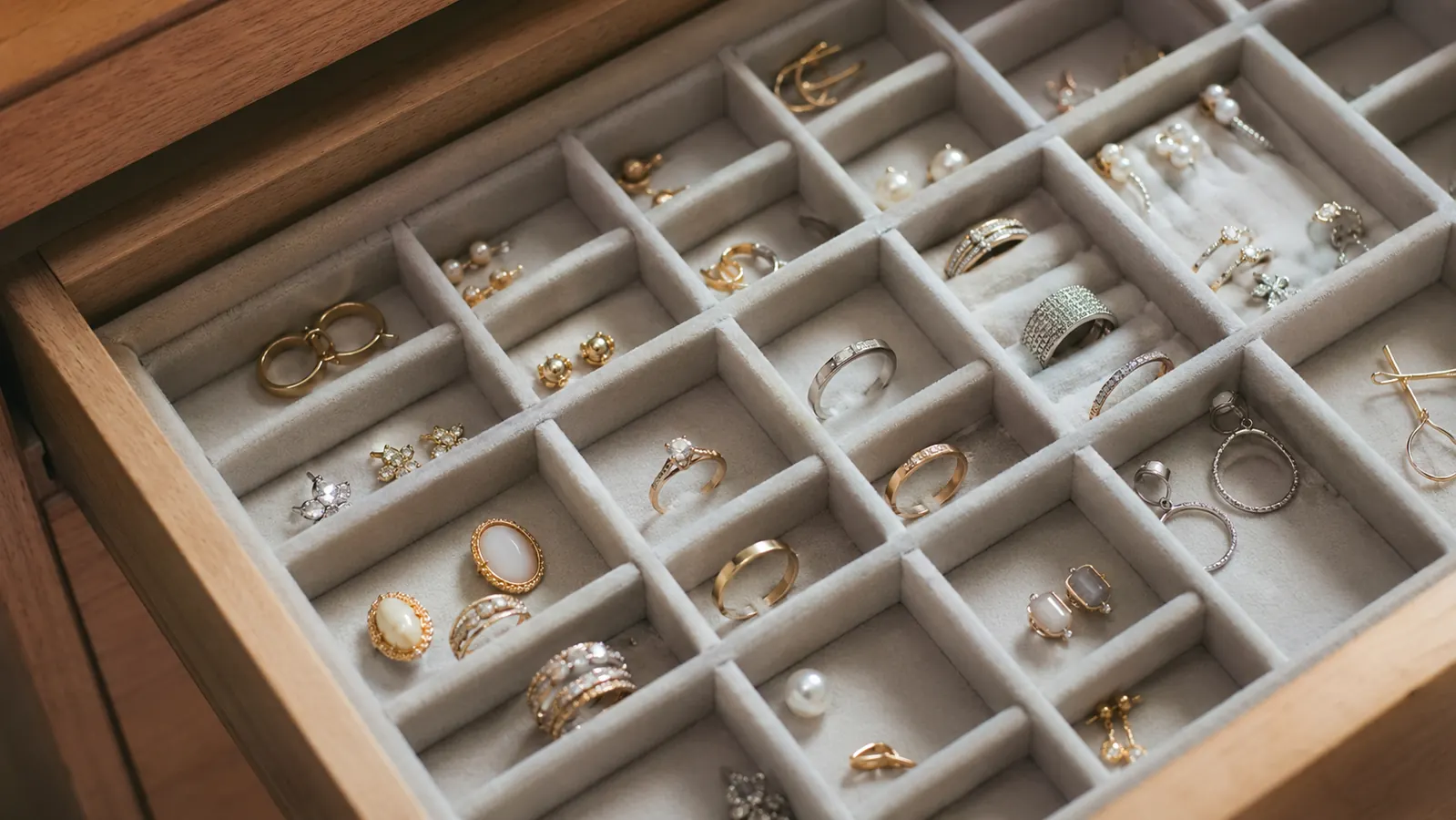 Sorted rings and earrings neatly arranged in a jewelry box drawer with no visible branding