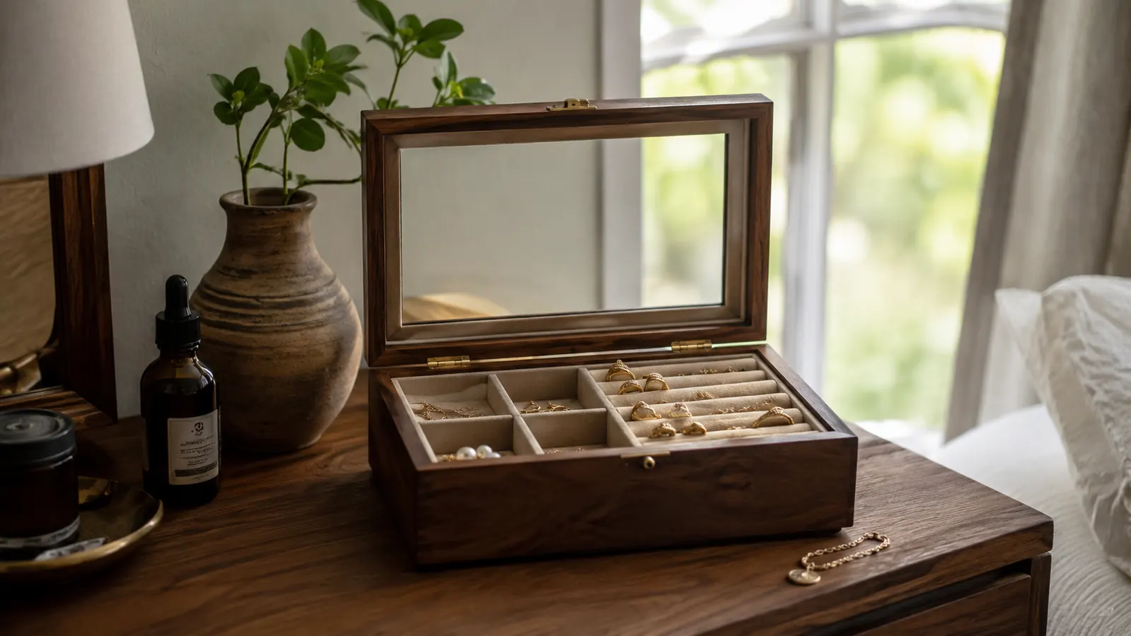 SONGMICS glass-lid jewelry box open on a bedroom dresser in soft morning light