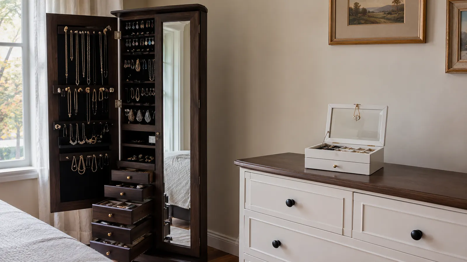 Tall standing jewelry armoire with mirrored front and multiple drawers open, next to a much smaller glass-lid box on a dresser