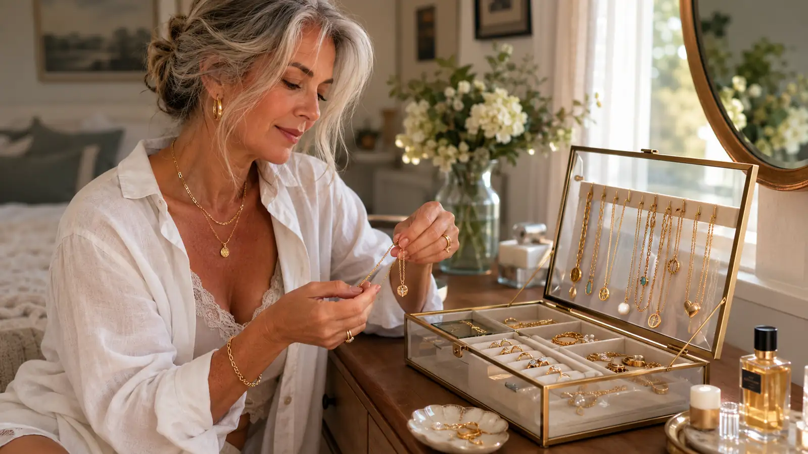 SONGMICS glass-lid jewelry box sitting open on a dresser next to a mirror, necklaces and rings visible inside